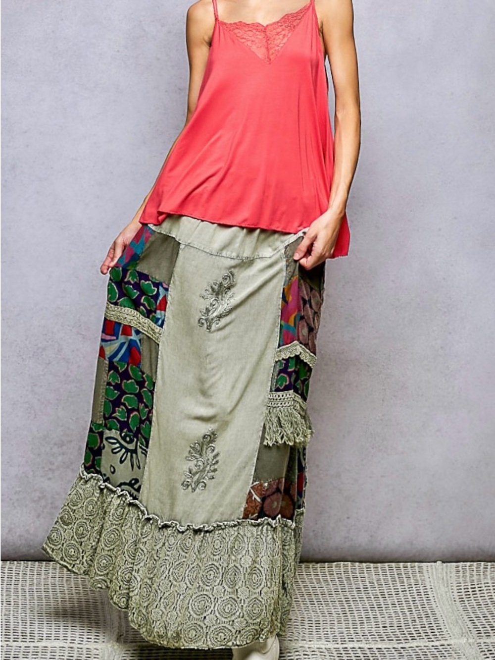 ❤️Hello Gorgeous! POL Printed Patchwork Embroidered Ruffled Skirt- Sage Multi - Picture 2 of 12